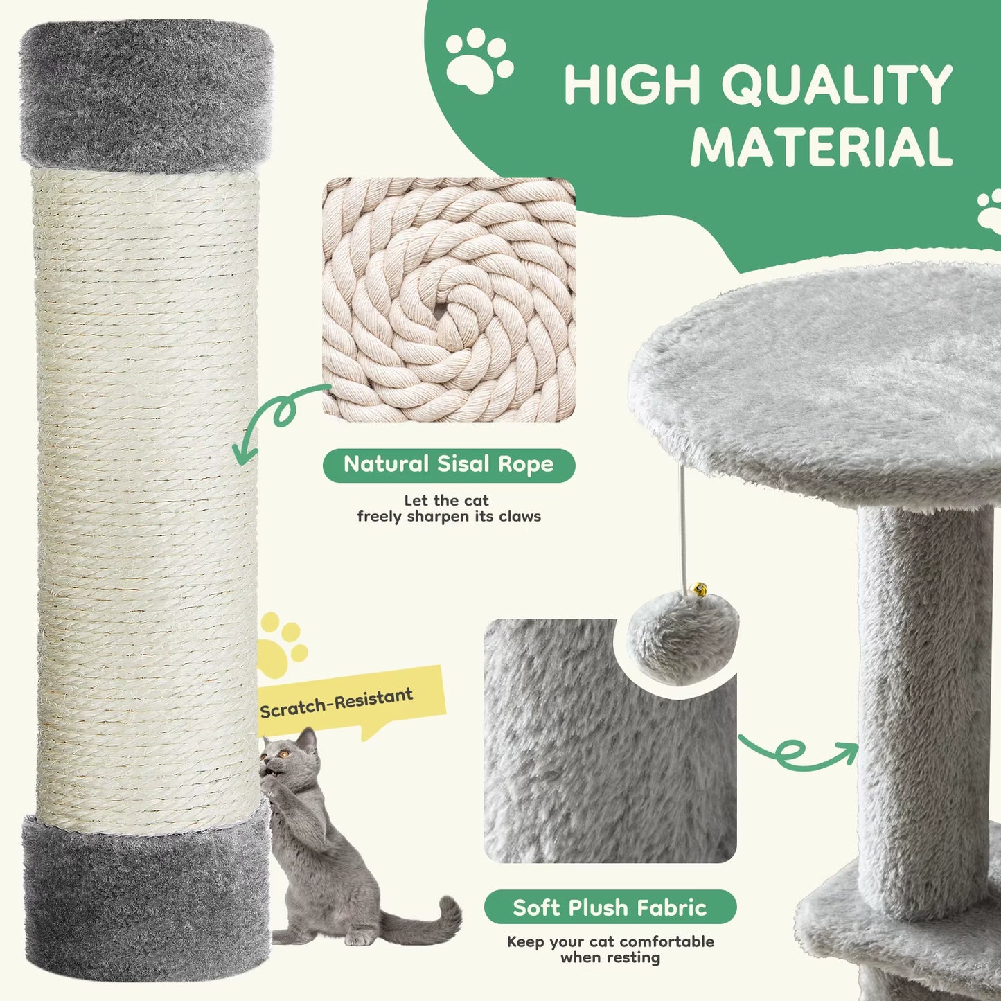 44In Tall Multi-Cat Climbing Cat Tree Tower for Pet Furniture Natural Sisal Scratching Posts Stable Pet House for Indoor Cat