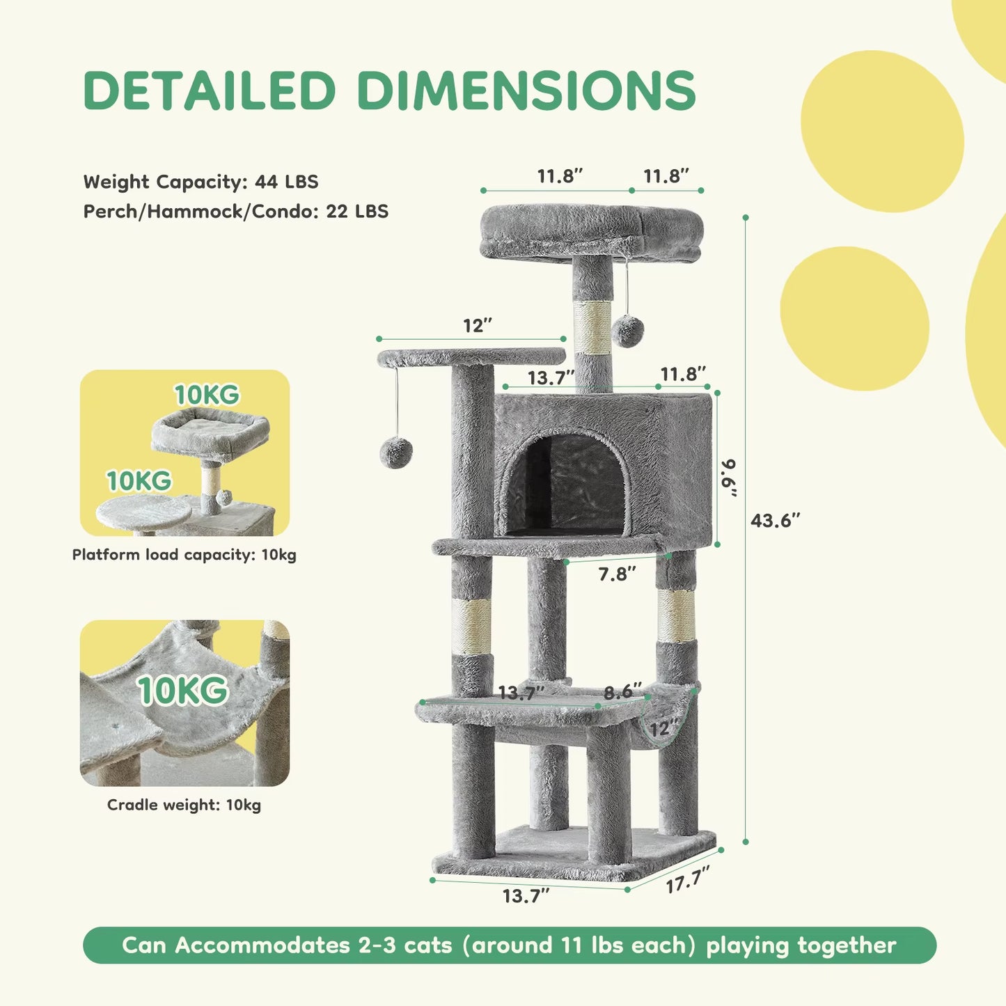 44In Tall Multi-Cat Climbing Cat Tree Tower for Pet Furniture Natural Sisal Scratching Posts Stable Pet House for Indoor Cat