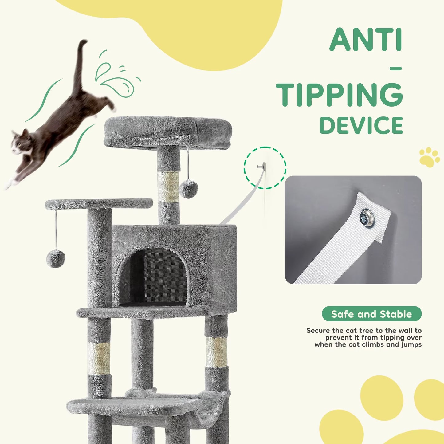 44In Tall Multi-Cat Climbing Cat Tree Tower for Pet Furniture Natural Sisal Scratching Posts Stable Pet House for Indoor Cat