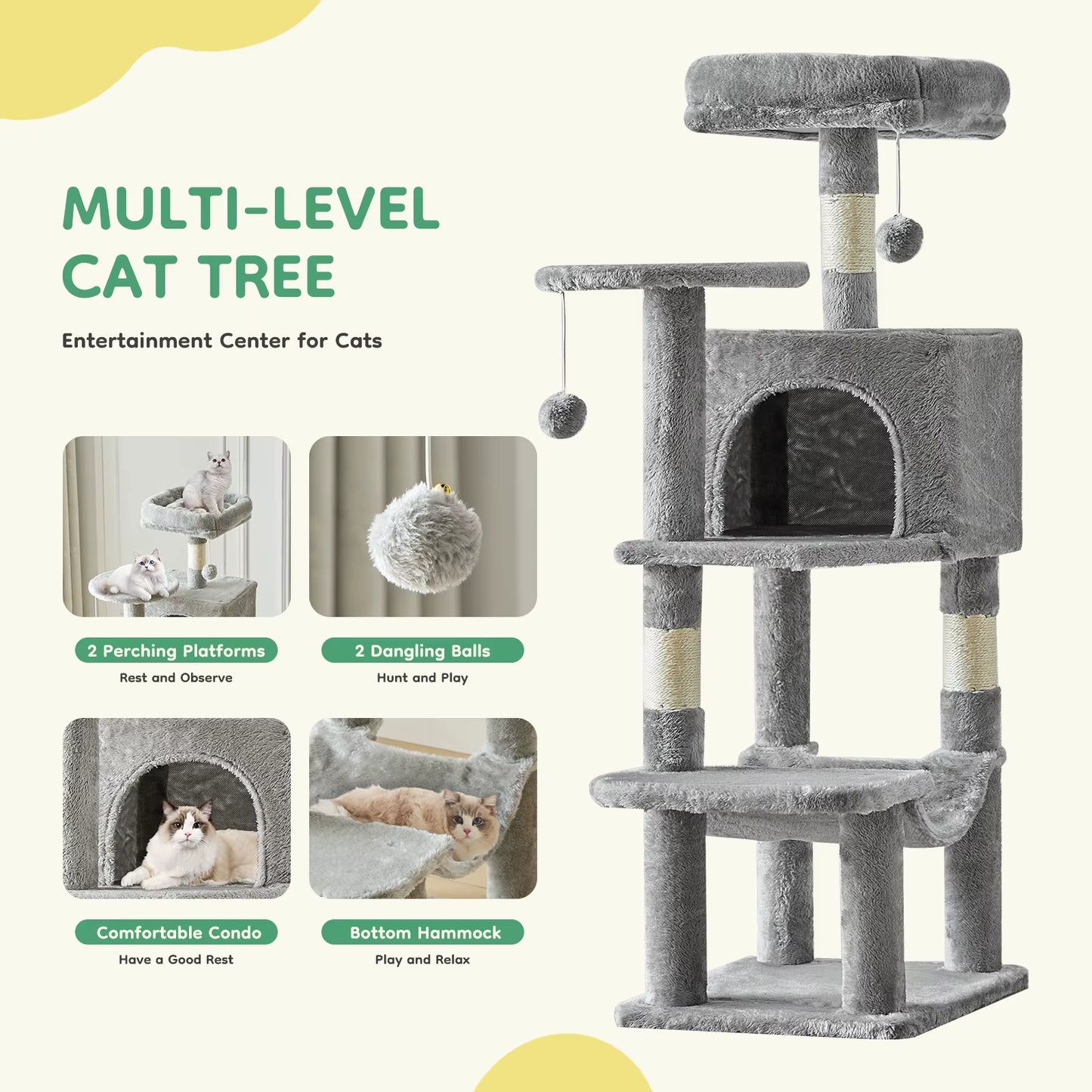 44In Tall Multi-Cat Climbing Cat Tree Tower for Pet Furniture Natural Sisal Scratching Posts Stable Pet House for Indoor Cat