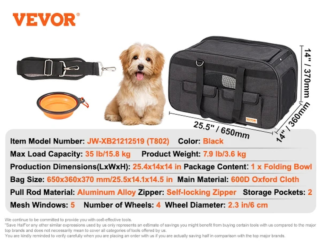 Pet Cat Carrier Breathable Outgoing Dog Carry Backpack with Telescopic Handle Wheels and Shoulder Strap for Travel Trip