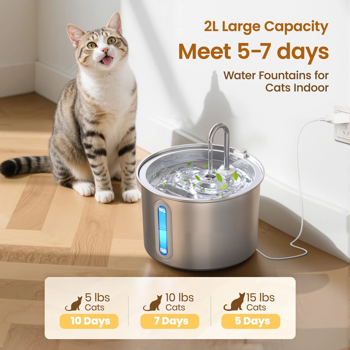 PWF-001 304 Stainless Steel Cat Water Fountain, 2L Water Fountains for Cats Indoor - Silver