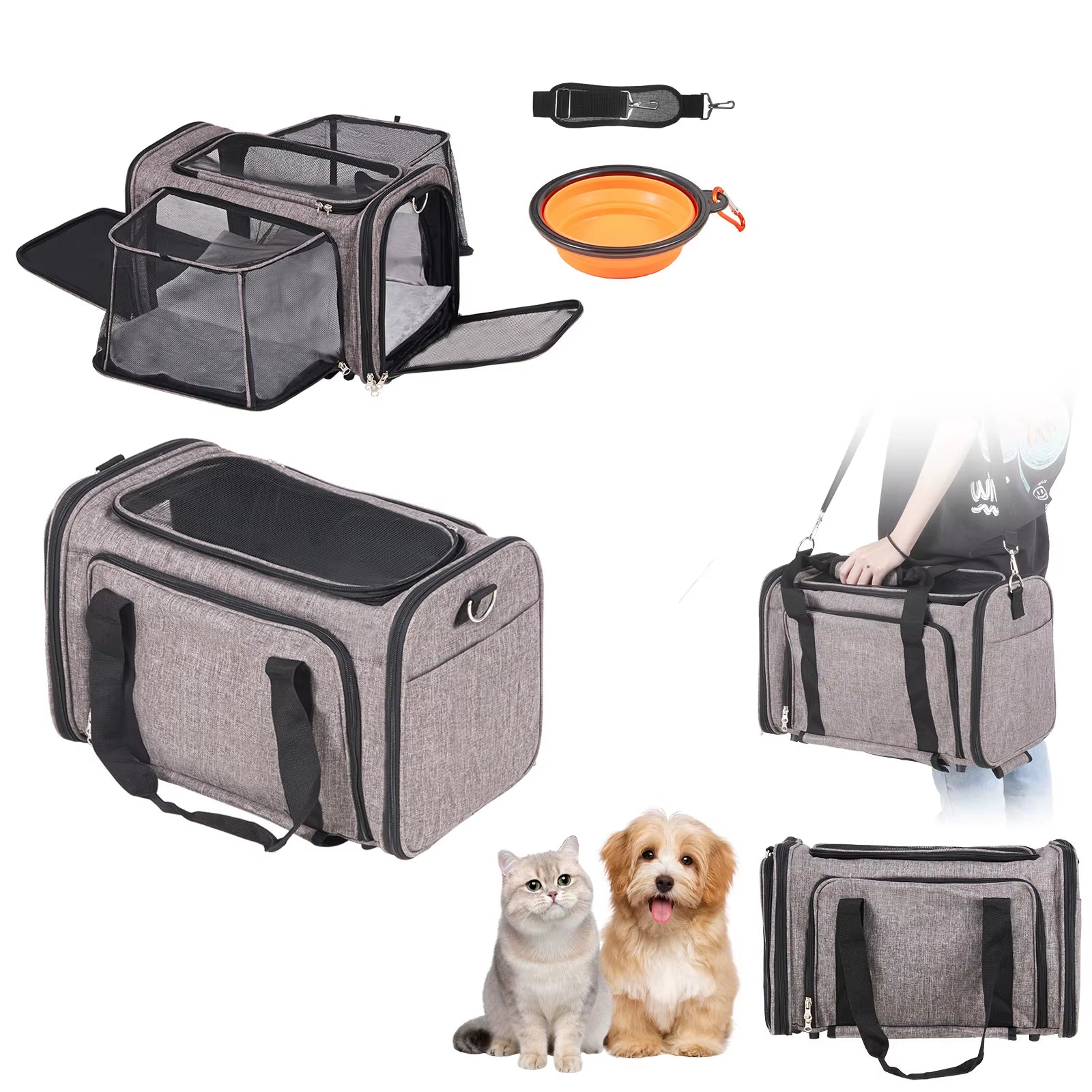 Pet Cat Carrier Breathable Outgoing Dog Carry Backpack with Telescopic Handle Wheels and Shoulder Strap for Travel Trip