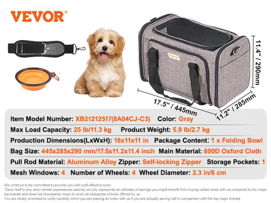Pet Cat Carrier Breathable Outgoing Dog Carry Backpack with Telescopic Handle Wheels and Shoulder Strap for Travel Trip