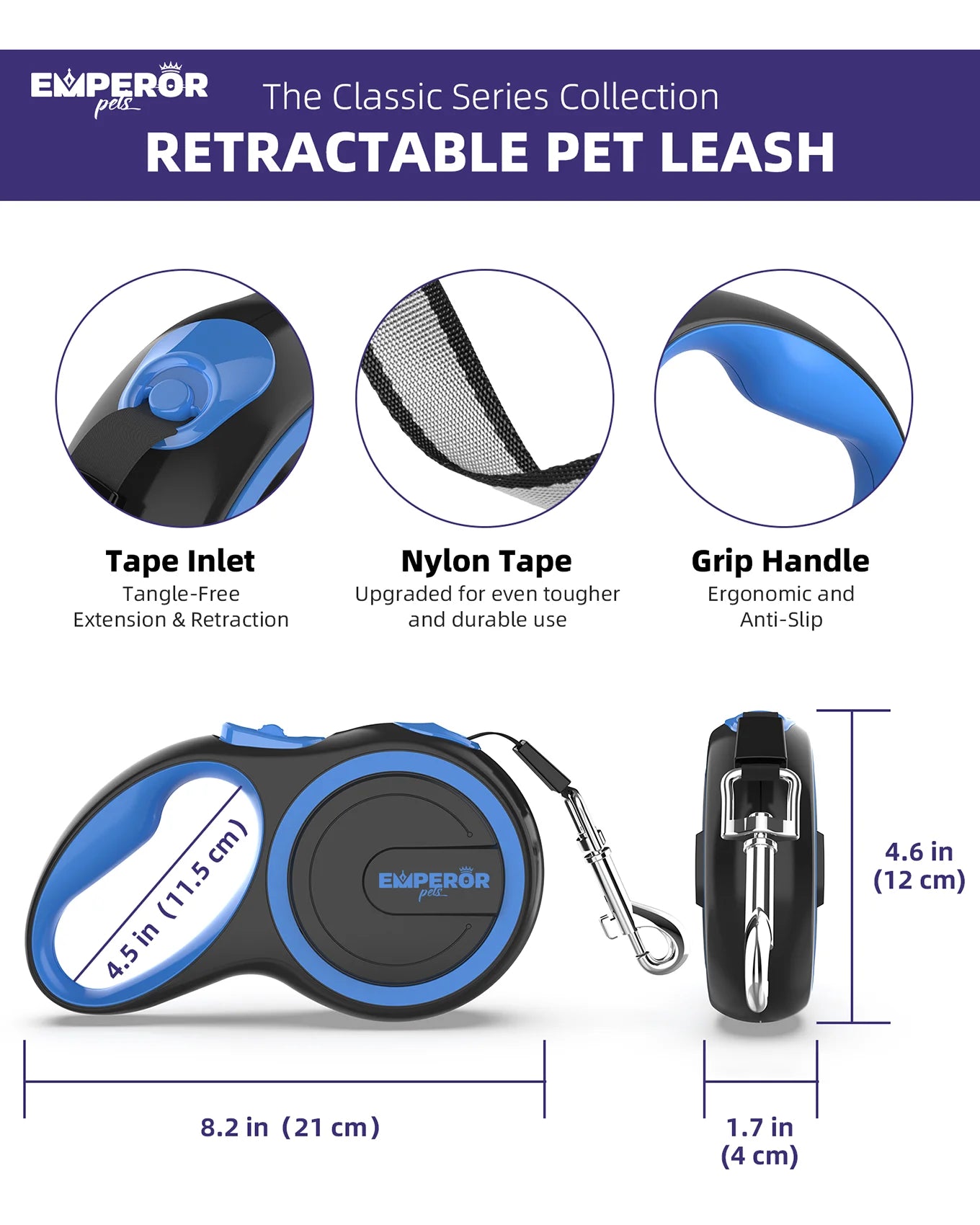 Retractable Dog Leash, 16 Ft, Heavy Duty, for Large Dogs up to 110 Lbs, Blue