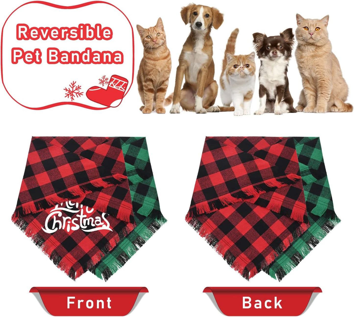 2 Pack Dog Bandana, Christmas Classic Buffalo Plaid Pattern with Tassels Edges, Pets Scarf Triangle Bibs Kerchief Bandana Costume Accessories for Small Medium Large Dogs Cats (Large)