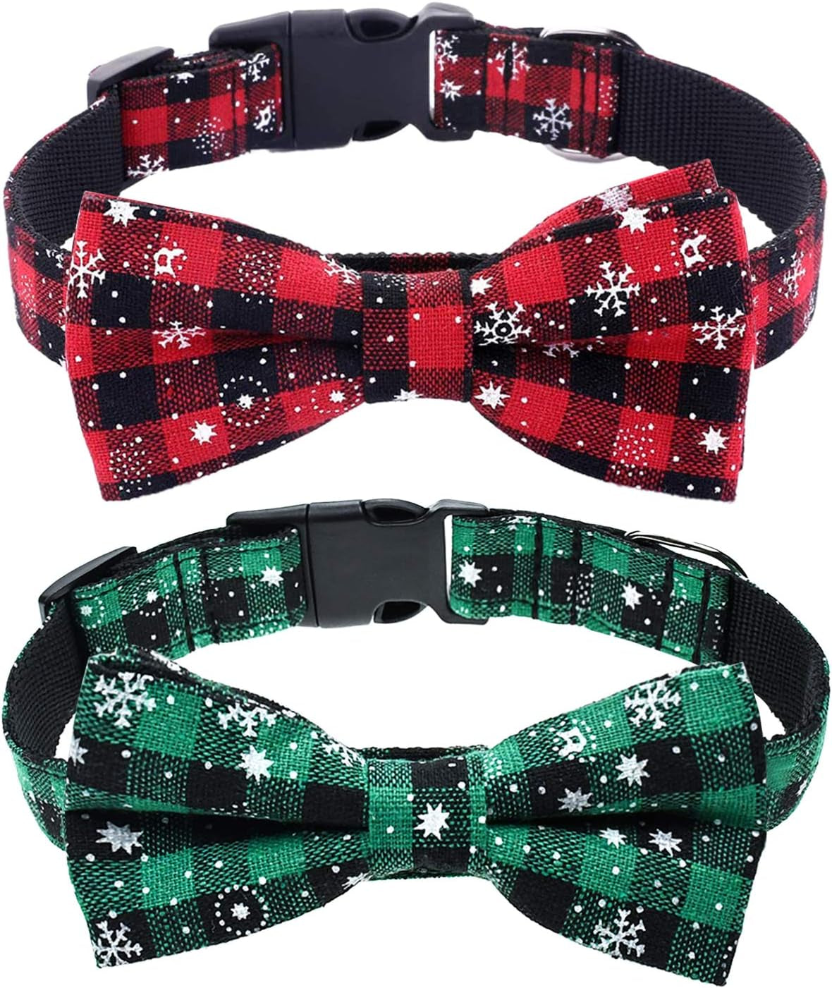 2 Pack Dog Collar with Bow Tie, Christmas Classic Plaid Snowflake Dog Collar with Light Adjustable Buckle Suitable for Small Medium Large Dogs Cats Pets (Small, Red + Green)
