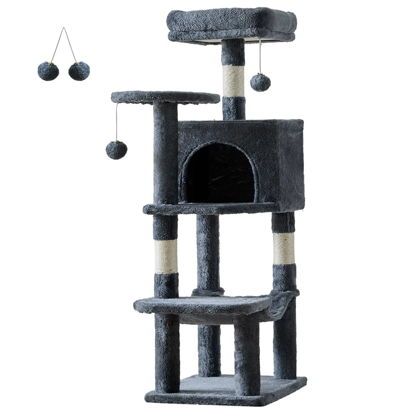 Whisker Bark Haven – 44” Multi-Level Cat Tree Tower with Scratching Posts & Hammock