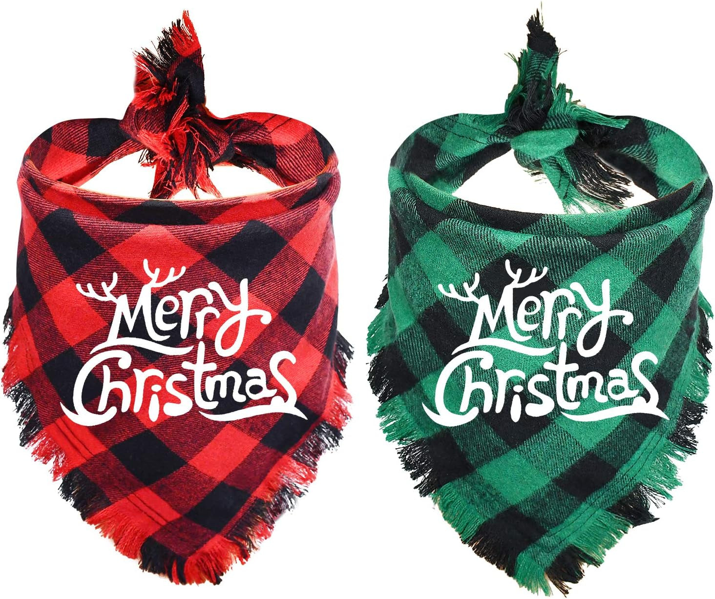 Whisker Bark Haven – 2-Pack Christmas Plaid Dog Bandanas (Soft Cotton, Tassel Edge, Adjustable Fit)