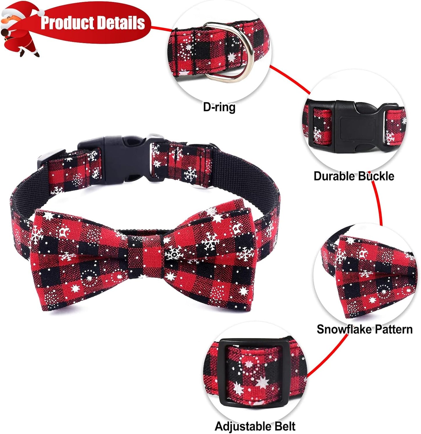 2 Pack Dog Collar with Bow Tie, Christmas Classic Plaid Snowflake Dog Collar with Light Adjustable Buckle Suitable for Small Medium Large Dogs Cats Pets (Small, Red + Green)