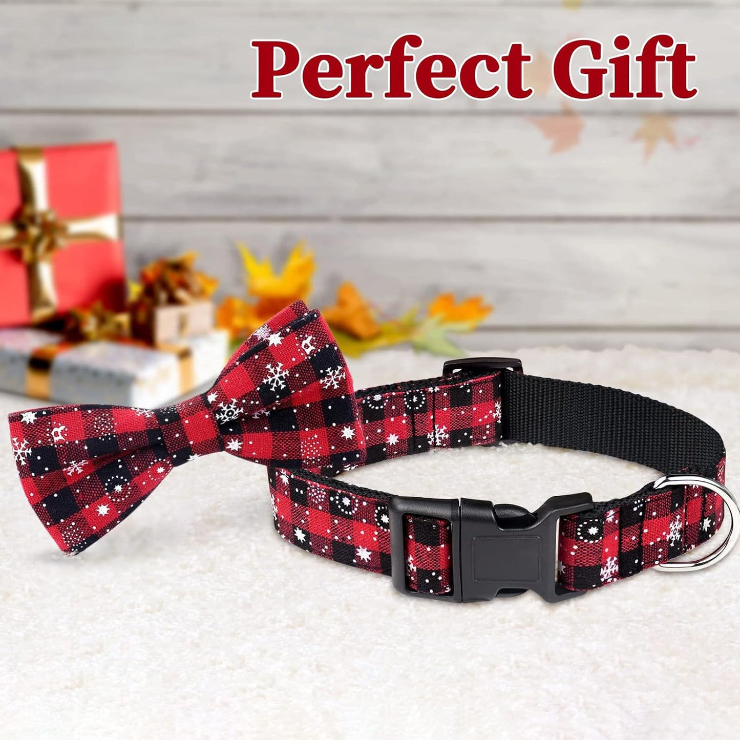 2 Pack Dog Collar with Bow Tie, Christmas Classic Plaid Snowflake Dog Collar with Light Adjustable Buckle Suitable for Small Medium Large Dogs Cats Pets (Small, Red + Green)